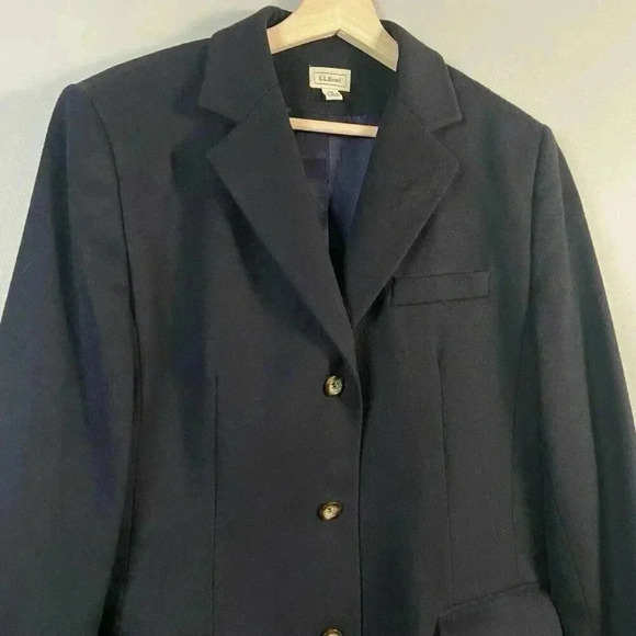 LL Bean Wool Cashmere Tweed Blazer 14R Navy Jacket Capsule Minimalist Preppy Vtg - Picture 2 of 7